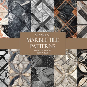 May include: Ten seamless digital marble tile patterns in black, white, and gray with geometric designs. The patterns are 4096 x 4096 pixels.