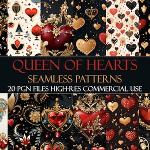 Puede incluir: Un conjunto de 20 patrones digitales sin costuras con un tema de la Reina de Corazones. Los patrones incluyen corazones rojos, dorados y negros, cartas de juego y detalles ornamentados. Los patrones son de alta resolución y aptos para uso comercial.