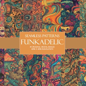 Puede incluir: Un conjunto de 19 patrones digitales sin costuras en estilo psicodélico. Los patrones presentan líneas en espiral, formas abstractas y colores vibrantes como naranja, amarillo, verde, azul y morado. El texto "FUNKADELIC" se muestra en negrita.