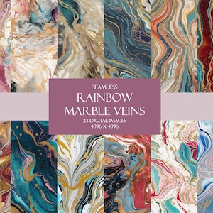 May include: 23 digital seamless patterns featuring rainbow marble veins in various colors, including gold, pink, blue, red, and white. Each pattern is 4096 x 4096 pixels.