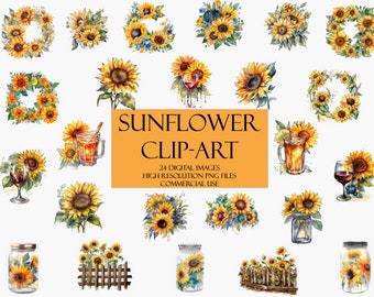 20+ Sunflower Clipart, digital graphics, transparent backgrounds, for commercial use instant download, jars, fence, wine iced tea Comm Use