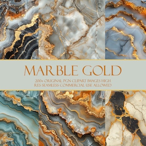 May include: A collection of six digital seamless patterns featuring marble with gold accents. The patterns are high resolution and can be used for commercial purposes.