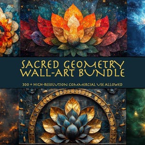 Op de afbeelding: Een digitale kunstbundel met ontwerpen van heilige geometrie. De afbeeldingen bevatten een verscheidenheid aan kleuren en patronen, zoals blauw, goud en rood. De tekst "SACRED GEOMETRY WALL-ART BUNDLE" wordt in het midden van de afbeelding weergegeven. De tekst "300+ HIGH-RESOLUTION COMMERCIAL USE ALLOWED" wordt onder de titel weergegeven.