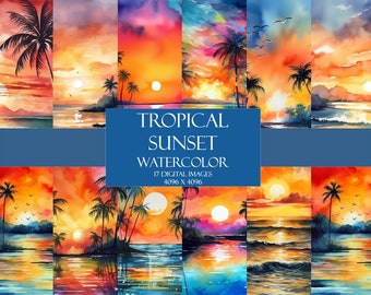 Tropical Sunsets Watercolor Clipart , digital graphics, for commercial use instant download  tropical landscape
