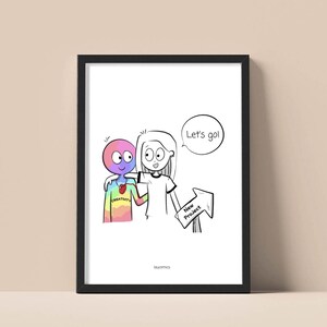 Puede incluir: Impresión artística enmarcada con una ilustración de dos figuras. Una figura es un personaje colorido, arcoíris, etiquetado como "Creatividad". La otra figura sostiene un letrero que apunta a un "Nuevo proyecto" con un bocadillo que dice "Let's go!"