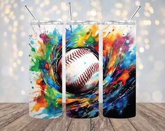 May include: Three stainless steel tumblers with colorful watercolor designs featuring a baseball in the center. The designs include splashes of blue, green, yellow, orange, and red.