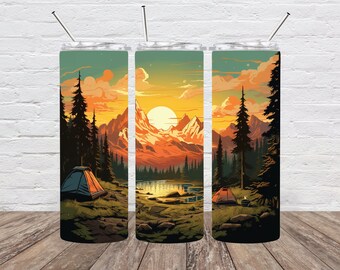 May include: Three stainless steel tumblers with a mountain sunset scene. The tumblers feature a lake, mountains, trees, and a tent. The scene is in shades of orange, yellow, and blue.