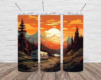 May include: A white camper van parked in a mountain landscape with a sunset in the background. The scene is depicted in a stylized, almost cartoonish style. The camper van is parked on a dirt road with trees and mountains in the background. The sky is orange and yellow with a large sun in the center.