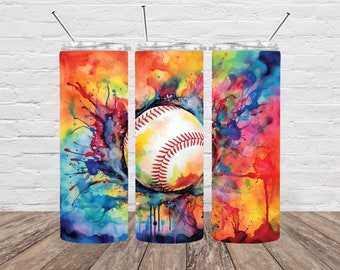 May include: Three stainless steel tumblers with colorful watercolor designs featuring a baseball. The designs include splashes of blue, red, yellow, orange, and green.