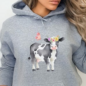 Farm House Design Shirt, Watercolor Black and White Cow with Pink Butterfly Hoodie, New Boho Barnyard Design, Fun Autumn Harvest Pullover