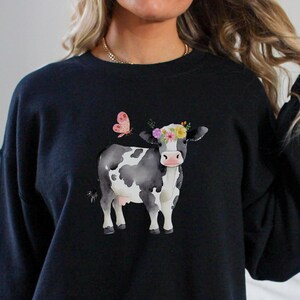 Watercolor Black and White Cow with Pink Butterfly Sweatshirt, New Boho Barnyard Design, Fun Autumn Harvest Pullover, Farm House Design
