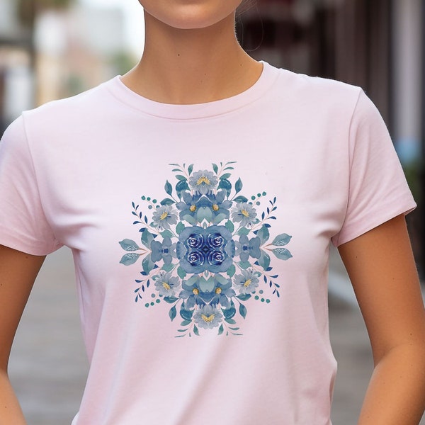 Blue Abstract Watercolor Wildflower T-shirt, Spring and Summer Floral Shirts For Women, New BoHo Style Botanical Clothing, Botanist Gear