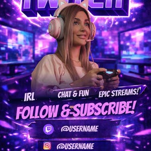 May include: A promotional graphic for a Twitch stream. The image features a woman wearing a headset with cat ears, holding a controller. Text includes "LIVE ON TWITCH," "FOLLOW & SUBSCRIBE!" and social media handles.