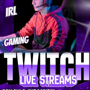 Peut inclure: Visuel promotionnel pour une diffusion en direct sur Twitch. Il présente une personne portant un casque et un sweat à capuche rouge et noir. Le texte comprend "Just Chattin", "IRL", "Gaming", "Twitch Live Streams", et "Follow & Subscribe!" avec un nom d'utilisateur et l'heure.