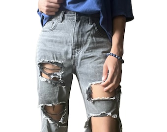 High-Waist Straight Legged Relaxed Fit Gray Ripped Jeans | Distressed Grunge Skater Alternative Streetwear | UK 8 | Size Small