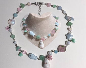 Fish rabbit sakura beads necklace Handmade