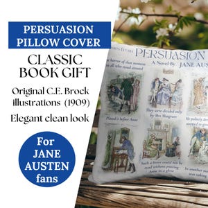 Jane Austens Persuasion Throw Pillow Covering with Classic Book Illustrations, Literary Home Decor for Booklovers, Reader Gifts, Anne Elliot