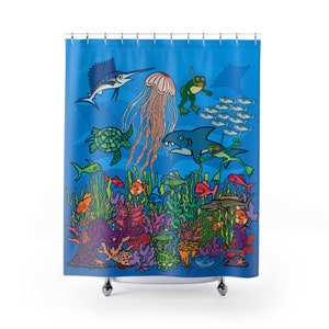Silly Fish Shower Curtains, Fish Art by James E. Riddle, Kid's Bathroom