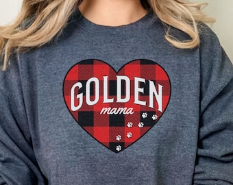 Golden Mama Red Plaid Heart Heavy Blend™ Crewneck Sweatshirt, Golden Retriever Gifts, Golden Retriever Shirt, Golden Retriever Sweatshirt