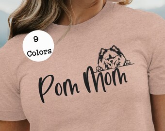 Pom Mom T-Shirt, Short Sleeve Tee Sizes XS-5XL Cute Pomeranian Dog Lover Gift for Women, Fur Mama Tee with Adorable Pup Art, Pomeranian Mom