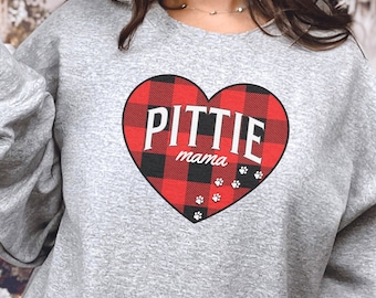 Pittie Mama Holiday Red Plaid Heart Heavy Blend™ Crewneck Sweatshirt, Pit Bull, Pit Bull Mom, Gift for Dog Mom, Pittie Mama, Pitbull Shirt