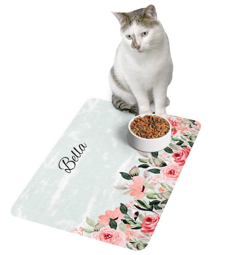 Personalized Watercolor Flowers Roses Custom Dog Cat Pet Food Mat 12x18