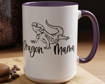 Dragon Mama Two-Tone Coffee Mugs, 15oz, 8 colors, Dragon Mom, Bearded Dragon Mom Gift, Bearded Dragon Mug, Dragon Gift, Herp Mom
