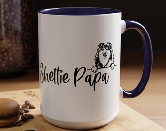 Tazas de café de dos tonos Sheltie Papa, 15 oz, 8 colores, Sheltie Dad, regalo Sheltie Dad, taza Sheltie, perro pastor de Shetland, perro Sheltie