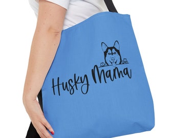 May include: A blue tote bag with a black husky dog peeking over the top and the text "Husky Mama" printed on the front.