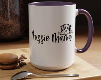 Aussie Mama tweekleurige koffiemokken, 15oz, 8 kleuren, Aussie Mom, Aussie Mom cadeau, hondenrasmok, Australian Shepherd, Australian Shepherd cadeau