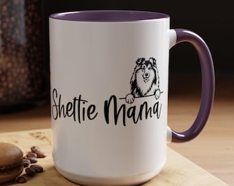 Tazas de café de dos tonos Sheltie Mama, 15 oz, 8 colores, Sheltie Mom, regalo Sheltie Mom, taza de perro pastor de Shetland, taza de café Sheltie