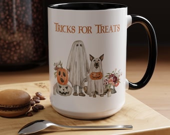 Tricks for Treats Watercolor Halloween Dog Kid Two-Tone Coffee Mug, 15oz, Halloween Dog, Cute Dog Mug, Funny Dog Mug, Halloween Dog Mug
