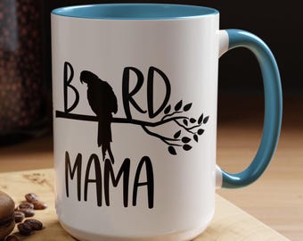 Parrot Bird Mama Two-Tone Coffee Mugs 15oz, 8 colors, Bird Mom Gift, Bird Mama Mug, Gift for Parrot Mom, Bird Lover Gift, Parrot