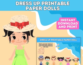 Kit d'habillage imprimable pour poupées en papier, activités manuelles, cadeau de fête d'anniversaire filles et garçons, cadeau de fête, prématernelle, école à la maison, découper et coller