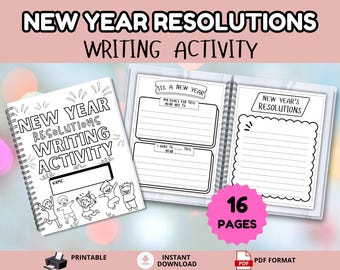 Kids New Year Resolutions Printable, Goal Setting & Reflection Worksheets, Year in Review Activity, Classroom Writing Prompts for elementary