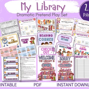 Op de afbeelding: Een printbare set van 23 pagina's voor een bibliotheek-rollenspel. De set bevat borden, formulieren en activiteiten voor kinderen om bibliothecaris, verhalenverteller en lezer te spelen. De set is beschikbaar voor directe download in PDF-formaat.