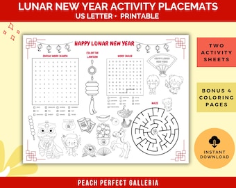Lunar New Year Activity Placemat Printable, Kids Chinese Vietnamese Korean New Year Word Search, Coloring, Maze & Games 2026 Year of Horse
