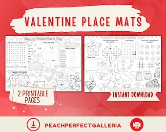Printable Valentine Activity and Coloring Placemats for kids for Valentine's Day, perfect for a party, home or classroom