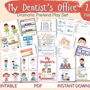 Può includere: Set di 25+ pagine PDF stampabili per giocare a fare il dentista. Il set include immagini di un dentista, pazienti, attrezzature odontoiatriche e una sala d'attesa. Il titolo del set è "My Dentist's Office".