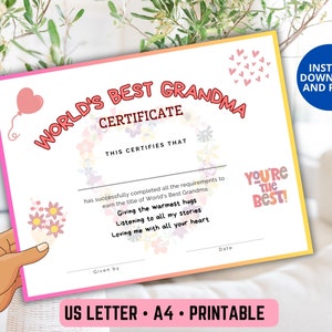 Certificado imprimible de la mejor abuela del mundo para el Día de los Abuelos, regalo del Día de la Madre, premio para la abuela por cumpleaños