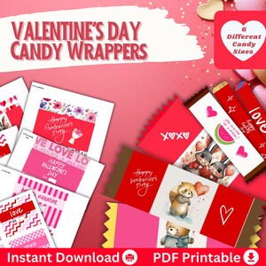 May include: Printable Valentine's Day candy wrappers with different designs featuring hearts, bunnies, and other cute illustrations. The wrappers come in six different sizes and are perfect for adding a personal touch to your Valentine's Day treats.