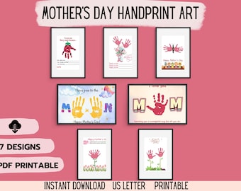 May include: Seven printable Mother's Day handprint art designs. Each design features a different handprint art idea, including a strawberry, a flower, a butterfly, and the word "MOM".