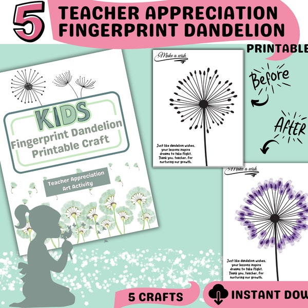 Teacher Appreciation Dandelion Fingerprint Art | DIY Teacher Gift | End Of Year Gift | Kids Child Preschool Art | Keepsake Fingerprint Craft