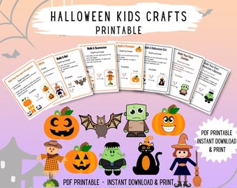 May include: Printable Halloween crafts for kids.  The printable sheets include instructions for building a bat, scarecrow, pumpkin, Halloween cat, zombie, and monster.  The instructions include an example and a "to make" section.  The printable sheets are in color and feature a variety of Halloween characters.