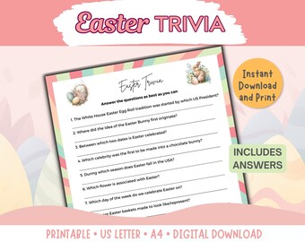 Trivia de Pascua imprimible para niños y adultos para divertidas fiestas de adolescentes, actividades en el aula y en el hogar, fiestas en la oficina de compañeros de trabajo