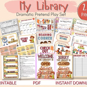 Library Pretend Play Printable Warm Orange-Brown Kids Dramatic Play Set for Home or Classroom, Fun Role Play Activity Kit with Play Money