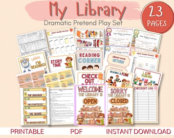 Juego de simulación de biblioteca imprimible, juego dramático para niños en color naranja cálido y marrón para el hogar o el aula, kit de actividades de juego de roles divertido con dinero de juguete
