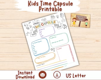 Fiche d'exercices imprimable sur la capsule temporelle pour les enfants d'âge préscolaire, primaire et scolaire à domicile pour un souvenir mémorable, feuille d'activités d'autoréflexion