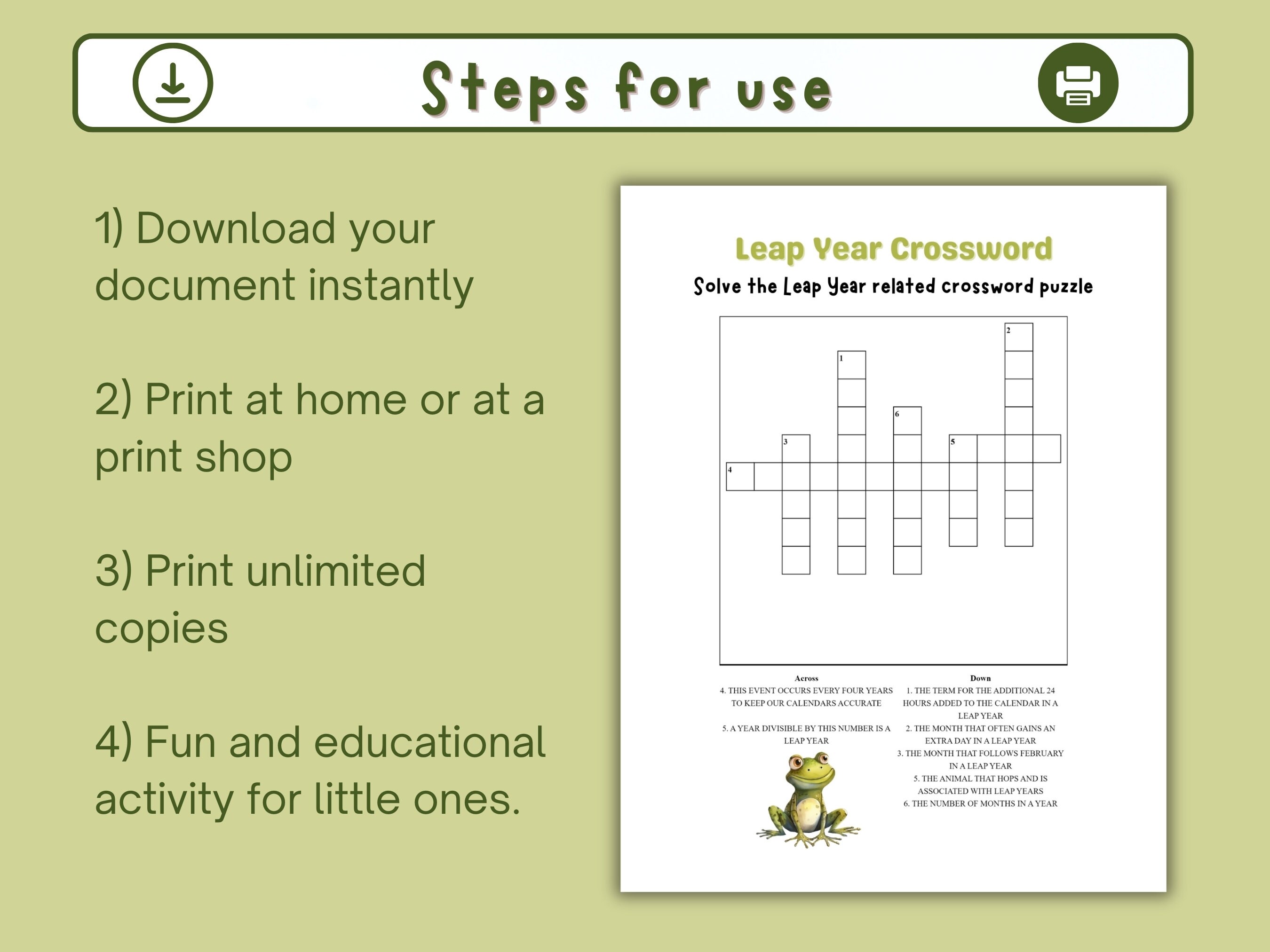 Leap Year Crossword Printable for Leap Day Birthday Party, Game for ...