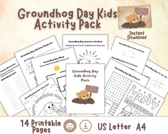 May include: A printable activity pack for kids featuring a groundhog theme. The pack includes 14 pages of activities such as connect the dots, word searches, mazes, and coloring pages. The pack is available in US Letter and A4 sizes.